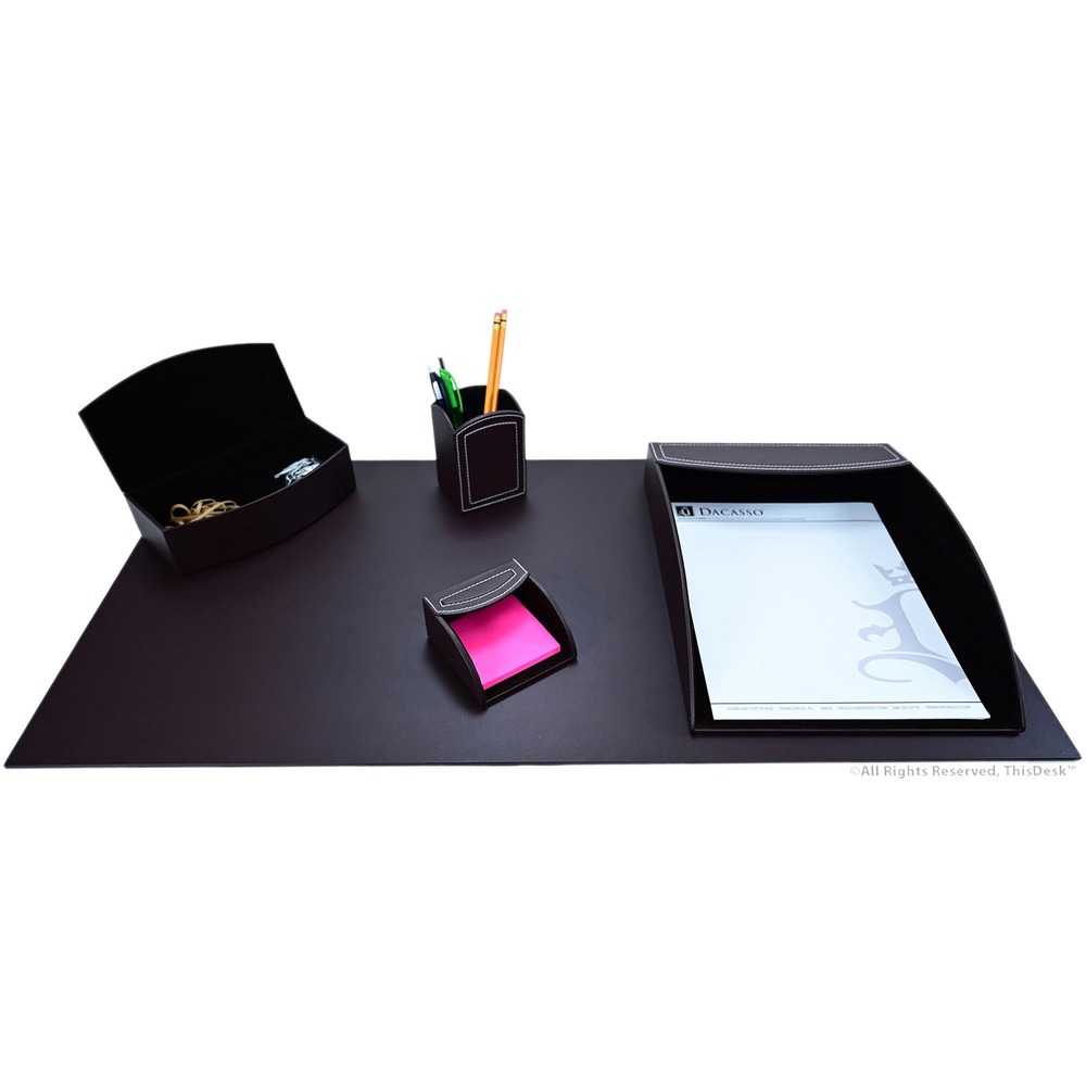 DACK6402 - Five-Piece Desk Accessory Set brings organization and a touch of visual charm to your home or office. PU leather provides a professional look in a cost-efficient design. Soft velveteen protects surfaces from scuffs and scratches. Desk set includes a desk pad, hinged supply box, pencil cup, sticky note holder and letter-size tray.