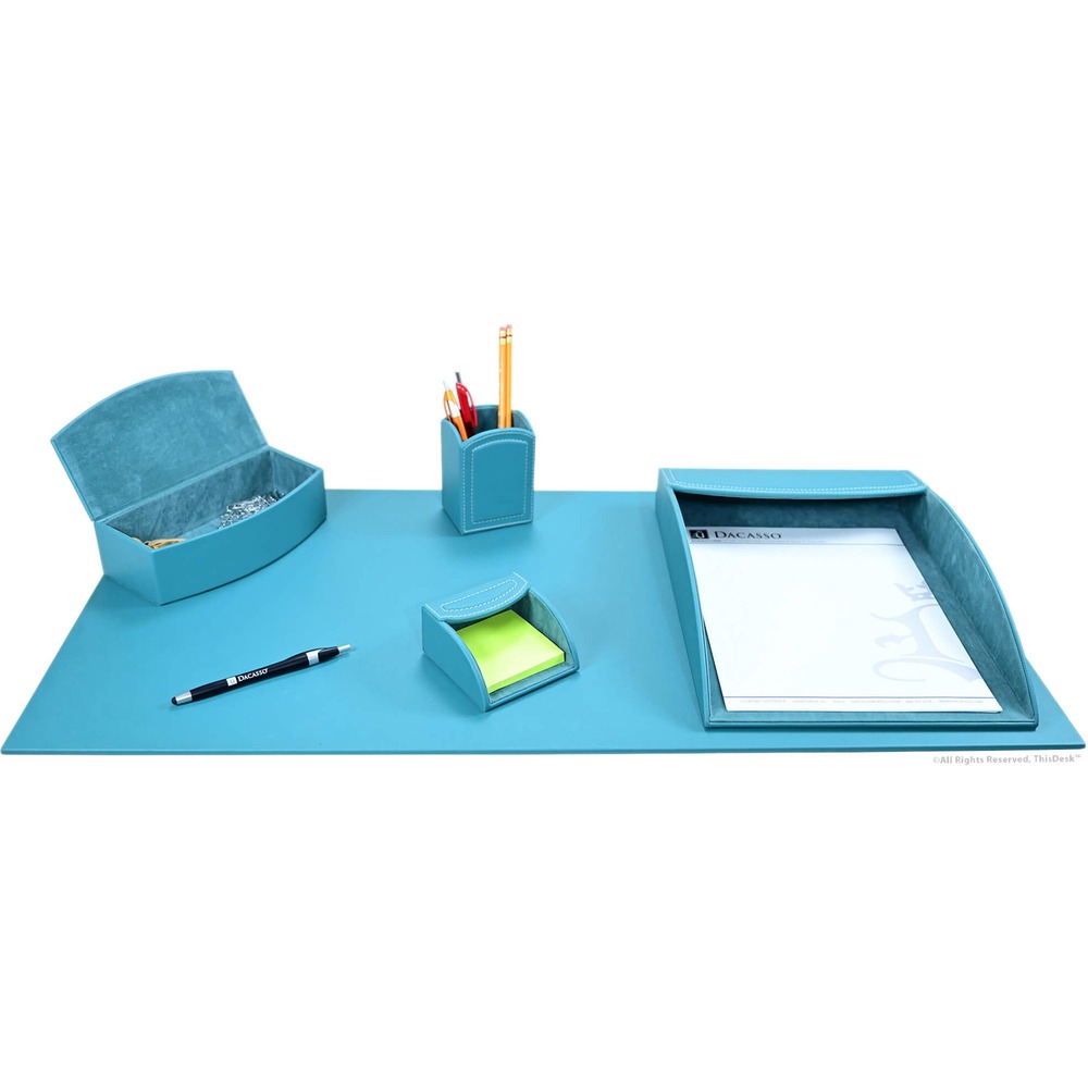 DACK7202 - Five-Piece Desk Accessory Set brings organization and a touch of visual charm to your home or office. PU leather provides a professional look in a cost-efficient design. Soft velveteen protects surfaces from scuffs and scratches. Desk set includes a desk pad, hinged supply box, pencil cup, sticky note holder and letter-size tray.