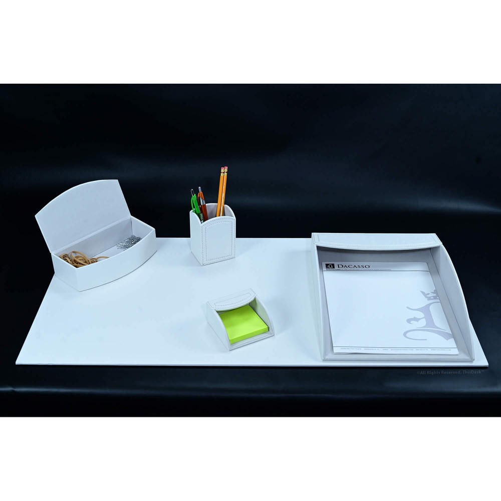 DACK7002 - Five-Piece Desk Accessory Set brings organization and a touch of visual charm to your home or office. PU leather provides a professional look in a cost-efficient design. Soft velveteen protects surfaces from scuffs and scratches. Desk set includes a desk pad, hinged supply box, pencil cup, sticky note holder and letter-size tray.