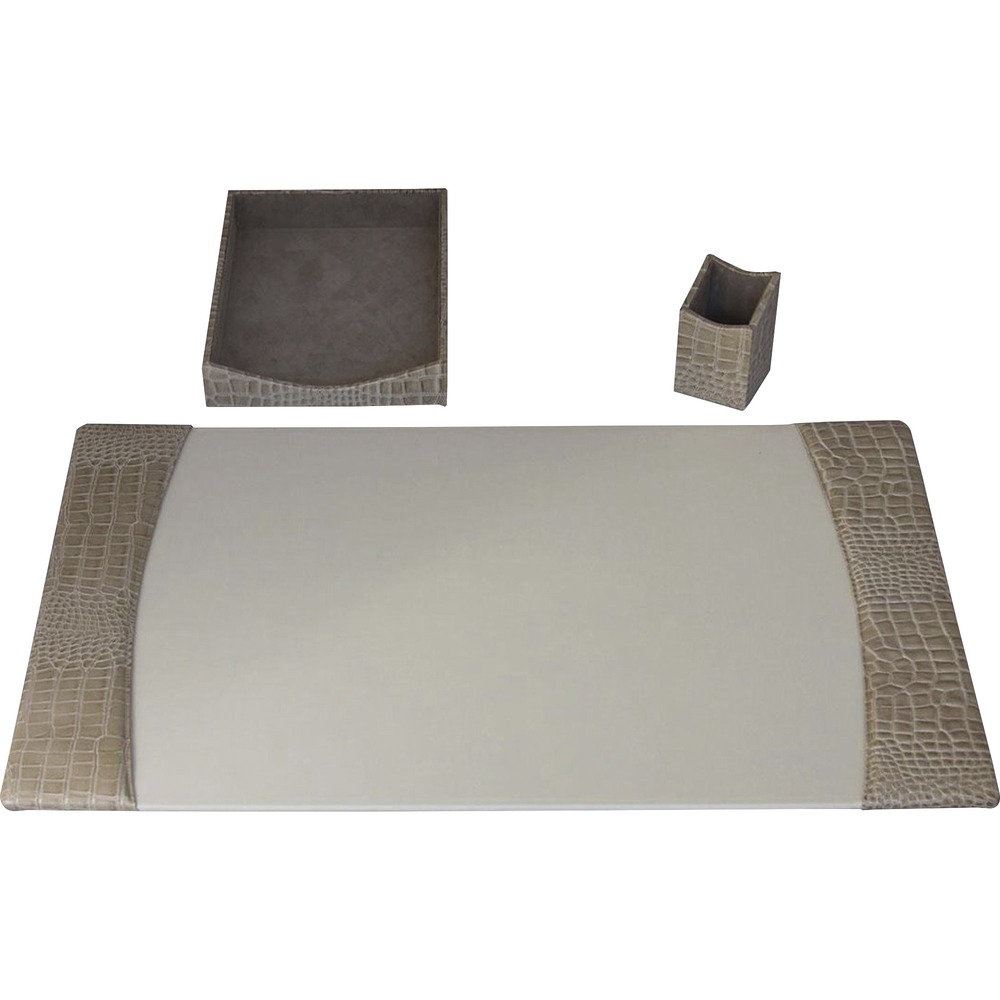 DACD6337 - Designed and crafted by hand in Italy, the Three-Piece Protacini Desk Set features a crocodile embossed design to give an impression of luxury, maturity and permanence to any office. Italian leather adds professional style to any work space. Soft velveteen protects surfaces from scuffs and scratches. Desk set includes a desk pad, letter-size tray and pencil cup.