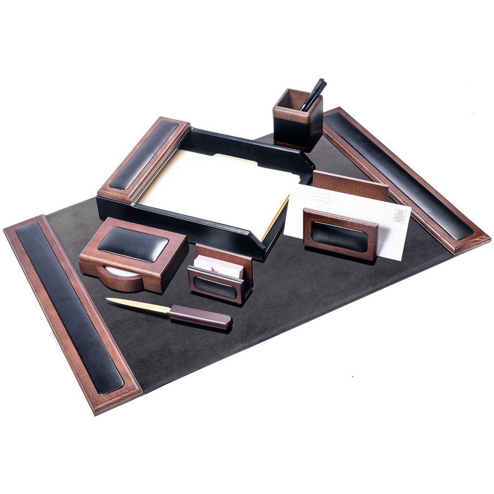 DACD8407 - Seven-Piece Desk Set features an assortment of durable supplies to help you work efficiently throughout the day. Top-grain leather adds professional style to any work space. Soft velveteen protects surfaces from scuffs and scratches. Desk set includes a desk pad, letter-size tray, pencil cup, memo holder, business card holder, letter opener and letter holder.