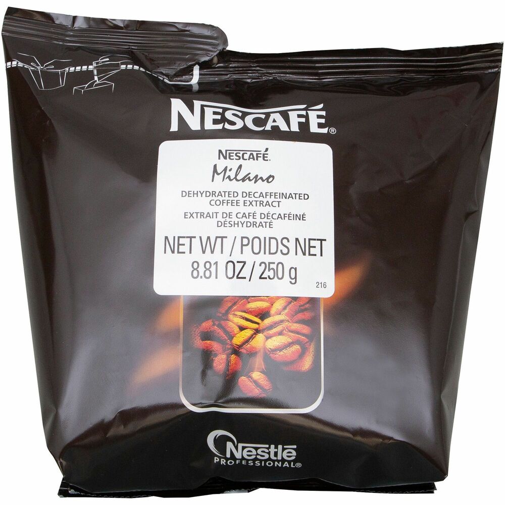 NES86213 - NESCAFE Decaffeinated Blend Coffee is a dark-roasted blend with smooth, mild coffee notes. Rich Arabica and Robusta blend creates traditional and specialty decaffeinated coffees with efficiency using the NESCAFE Bean-to-Cup machine (not included). Pour coffee directly into the hot beverage equipment. No mixing or manual preparation is needed.