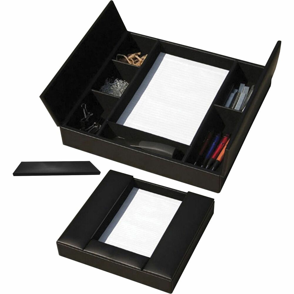 DACA1390 - Conference Room Organizer features six supply compartments to keep an assortment of supplies organized. Center compartment with a removable divider stores either letter-size or legal-size writing pads and documents. Lids conceal office supply compartments to keep items out of sight. Faux-leather exterior provides a professional look in a cost-efficient design. Soft velveteen protects surfaces from scuffs and scratches.