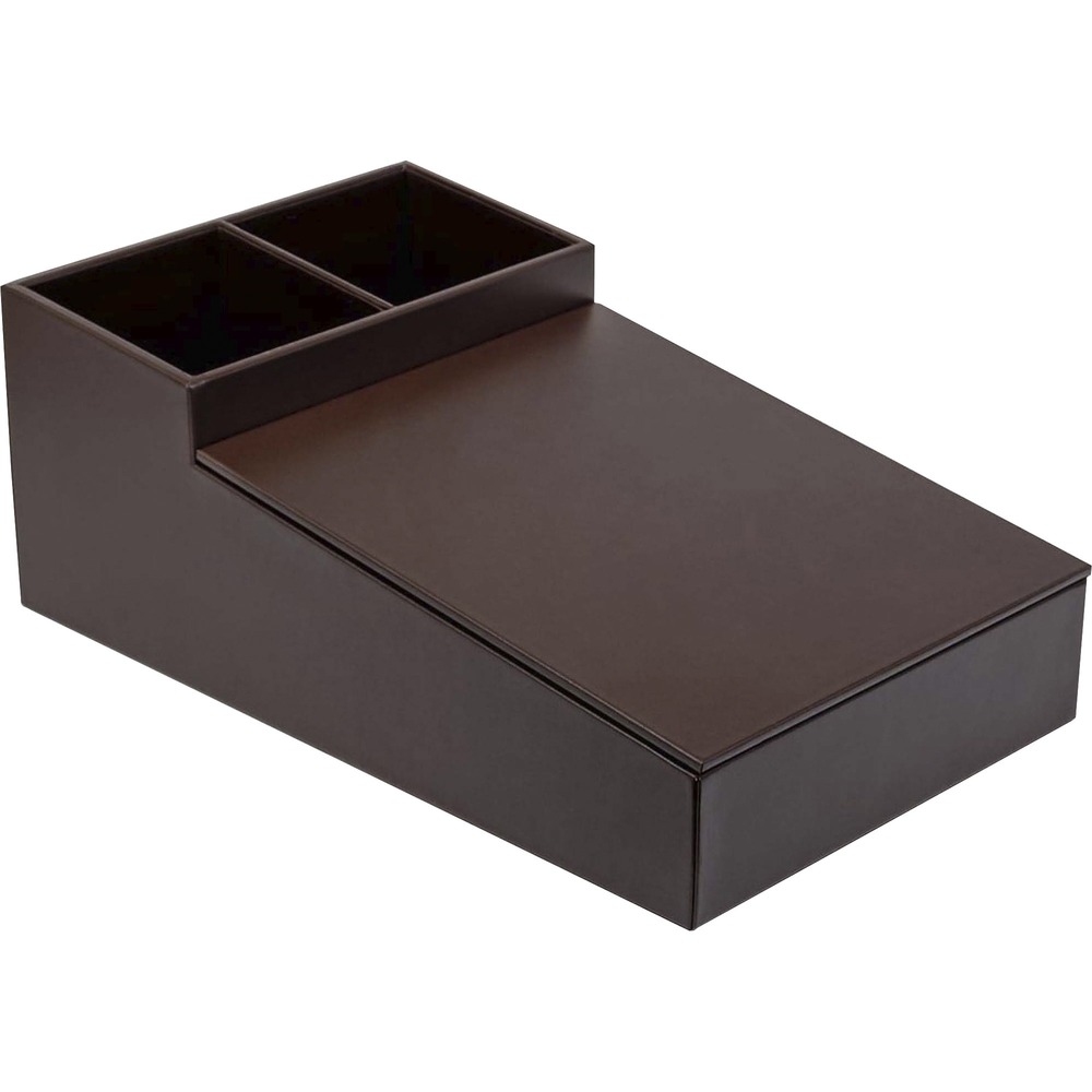 DACA3428 - Coffee Condiment Organizer features multiple compartments to organize coffee cups, lids, cream, sweetener, tea, stirrers and more. Removable lid can also be used as a beverage preparation surface. Top-grain leather exterior and faux-leather interior add professional style to any work space. Soft velveteen protects surfaces from scuffs and scratches.