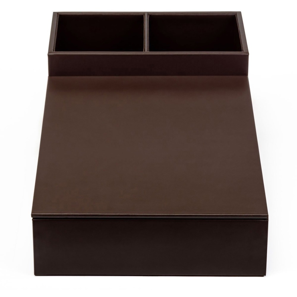 DACA3328 - Coffee Condiment Organizer features multiple compartments to organize coffee cups, lids, cream, sweetener, tea, stirrers and more. Removable lid can also be used as a beverage preparation surface. Faux-leather material provides a professional look in a cost-efficient design. Soft velveteen protects surfaces from scuffs and scratches.