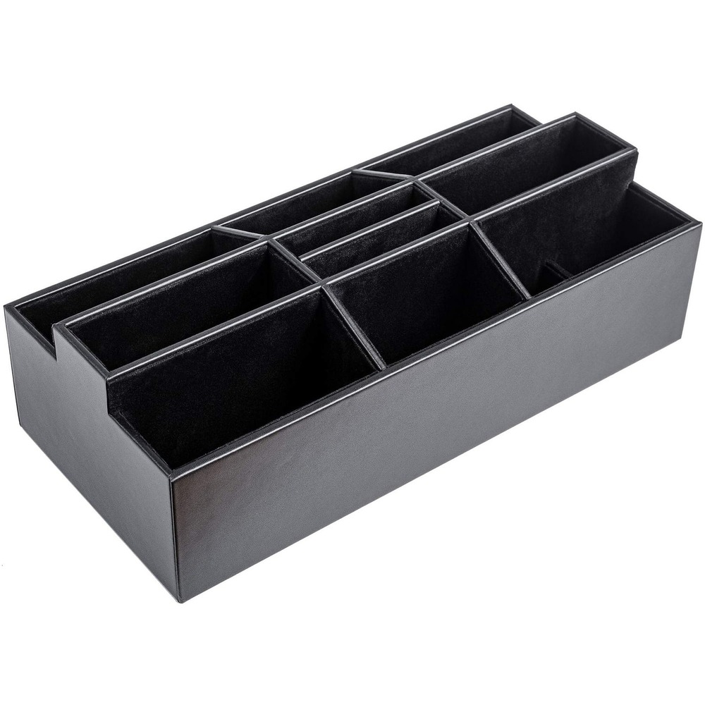 DACA1095 - Remote Control Organizer features multiple compartments to help arrange and store your boardroom remotes as well as stationery and drink coasters. Top-grain leather provides a high-class appeal to any professional setting. Soft velveteen protects surfaces from scuffs and scratches.