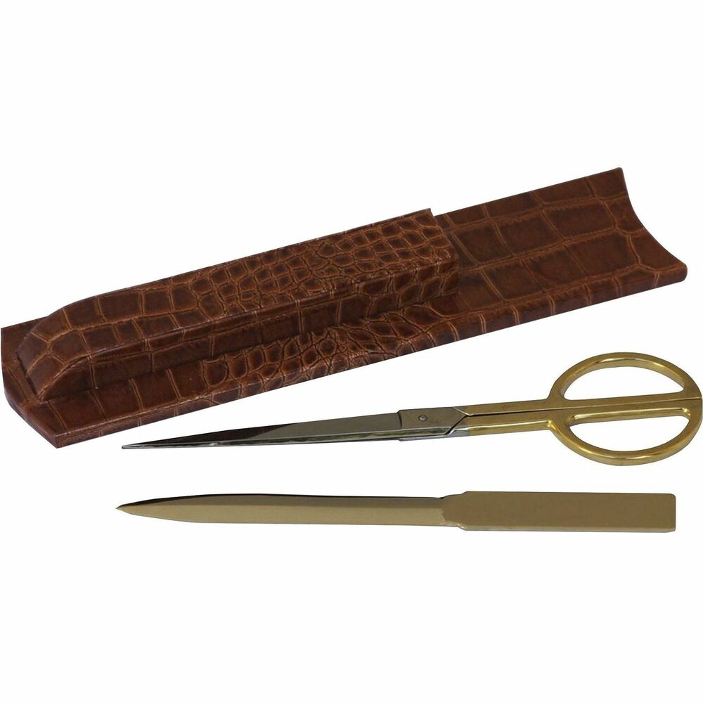 DACA6127 - Library Set features a stunning combination of Italian leather and handcrafted design to make it a showpiece that you'll be proud to feature prominently on your desk. Gold-accented scissors and letter opener are neatly stowed in a gorgeous leather holder unit that adds both function and beauty. Solid and hefty, the quality of the materials and construction are readily apparent. Unique, high-end style makes a statement of luxury in your office from day one. Leather adds a smart, sophisticated look to your space. Letter opener has a 5" blade. Scissors have 4" blades. Soft velveteen protects surfaces from scuffs and scratches.