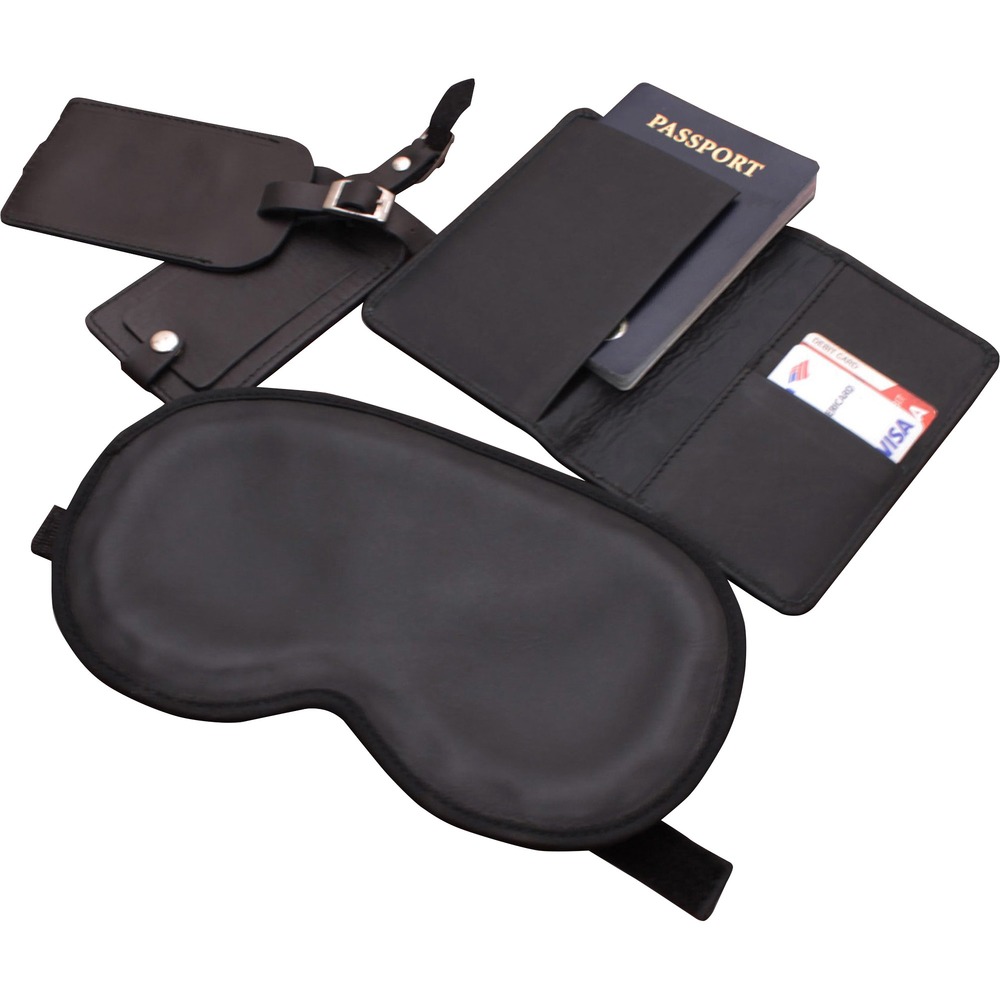 DACE1010 - Four-piece Travel Accessory Set was created to provide travelers a little extra to keep track of essential items. Luggage tags help keep your belongings personalized. The passport holder provides an all-in-one item to hold your passport, money, tickets and credit cards. The sleep mask simply helps keep the world out of your view when you just need some rest. Top-grain leather offers durability and a professional look.