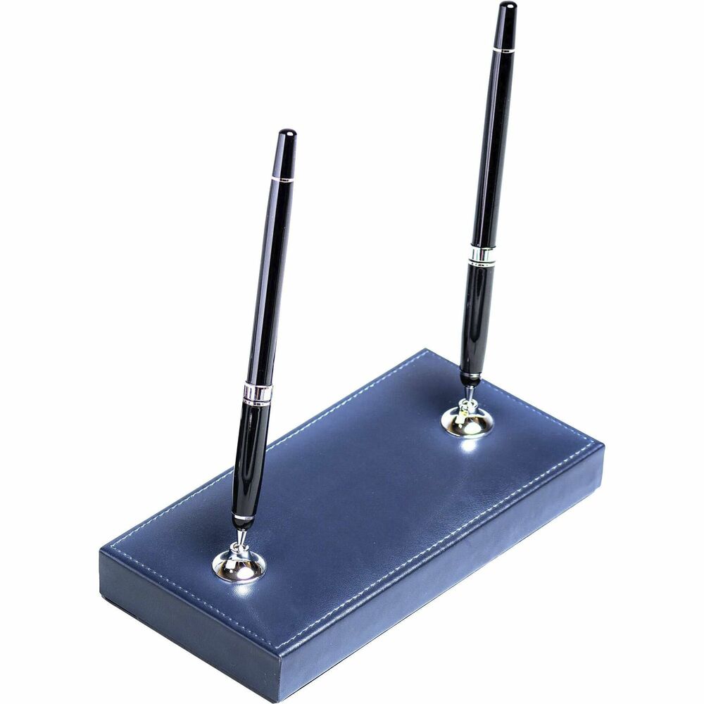 DACA5012 - Double Pen Stand features decorative stitching to deliver a classy look. Sturdy construction ensures it will last for many years. Bonded leather adds professional style to any work space. The bottom is lined with soft velveteen to protect surfaces from scuffs and scratches. Pen stand includes black rolling ball pens with silver accents. Pens accept Pentel Excalibur, Itoya and Mont Blanc 163 rolling ball pen refills.