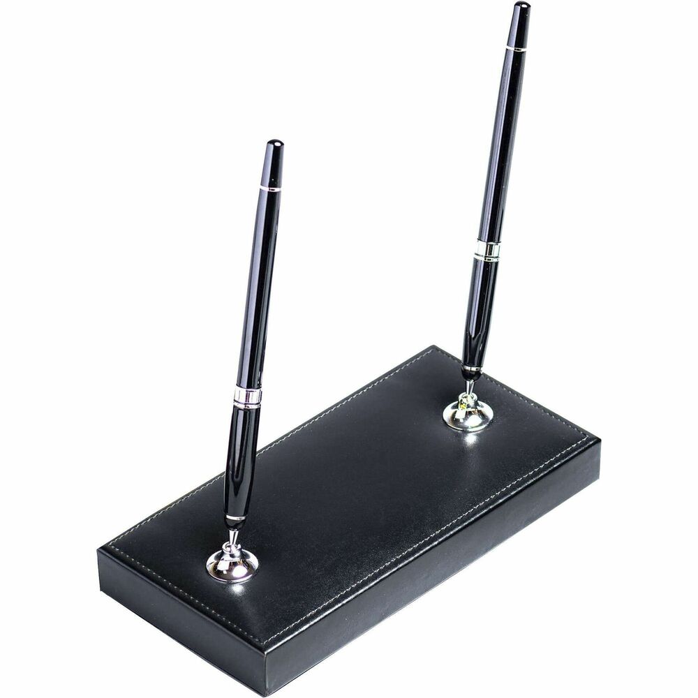 DACA1412 - Double Pen Stand features decorative stitching to deliver a classy look. Sturdy construction ensures it will last for many years. Bonded leather adds professional style to any work space. The bottom is lined with soft velveteen to protect surfaces from scuffs and scratches. Pen stand includes black rolling ball pens with silver accents. Pens accept Pentel Excalibur, Itoya and Mont Blanc 163 rolling ball pen refills.