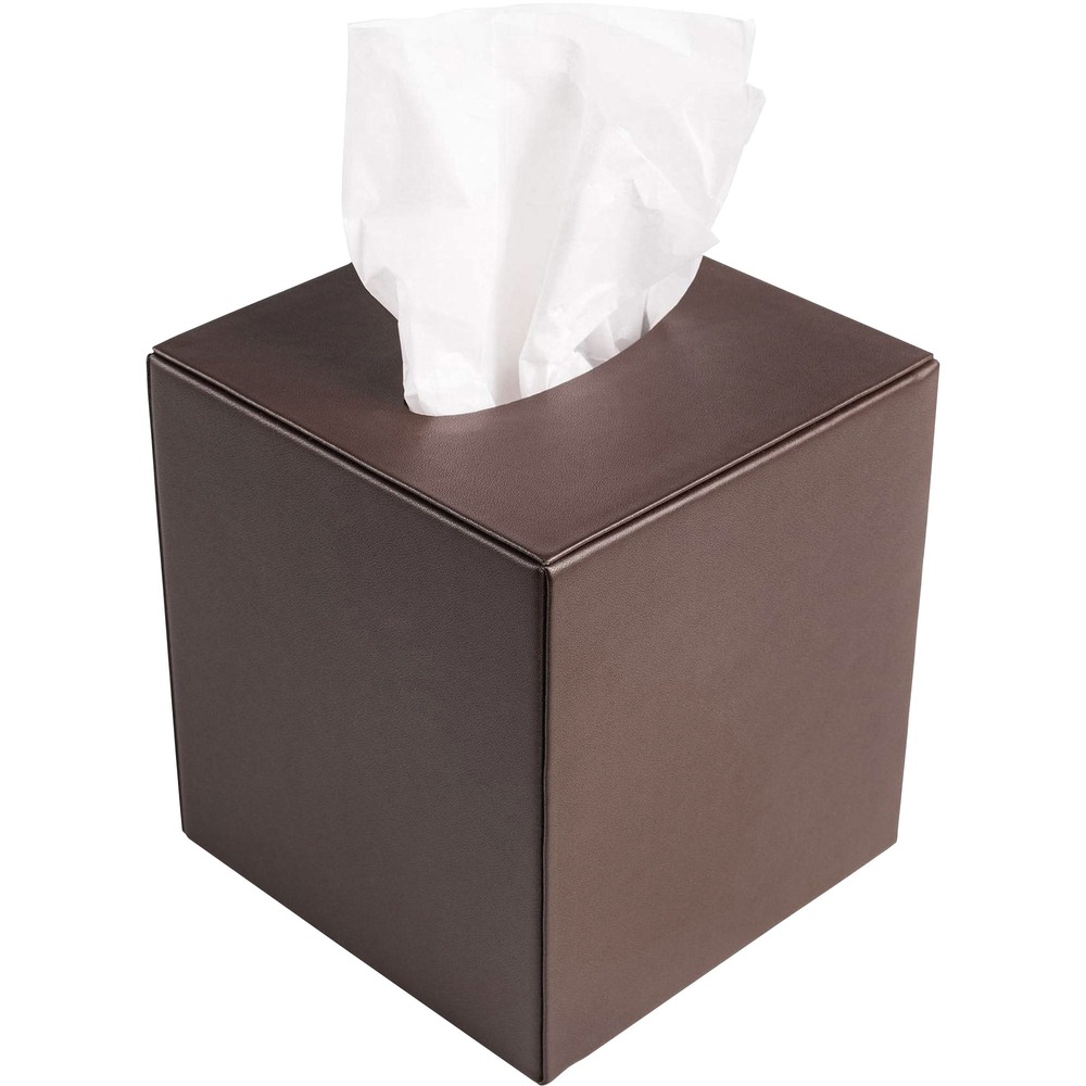 DACA3337 - Tissue Box Cover features an easy-to-use design that slides on and off of your tissue box to quickly replace depleted tissues. Faux-leather provides a classy appeal to any professional setting. Soft velveteen protects surfaces from scuffs and scratches. Tissue box cover is designed for cube-shaped tissue boxes (not included).