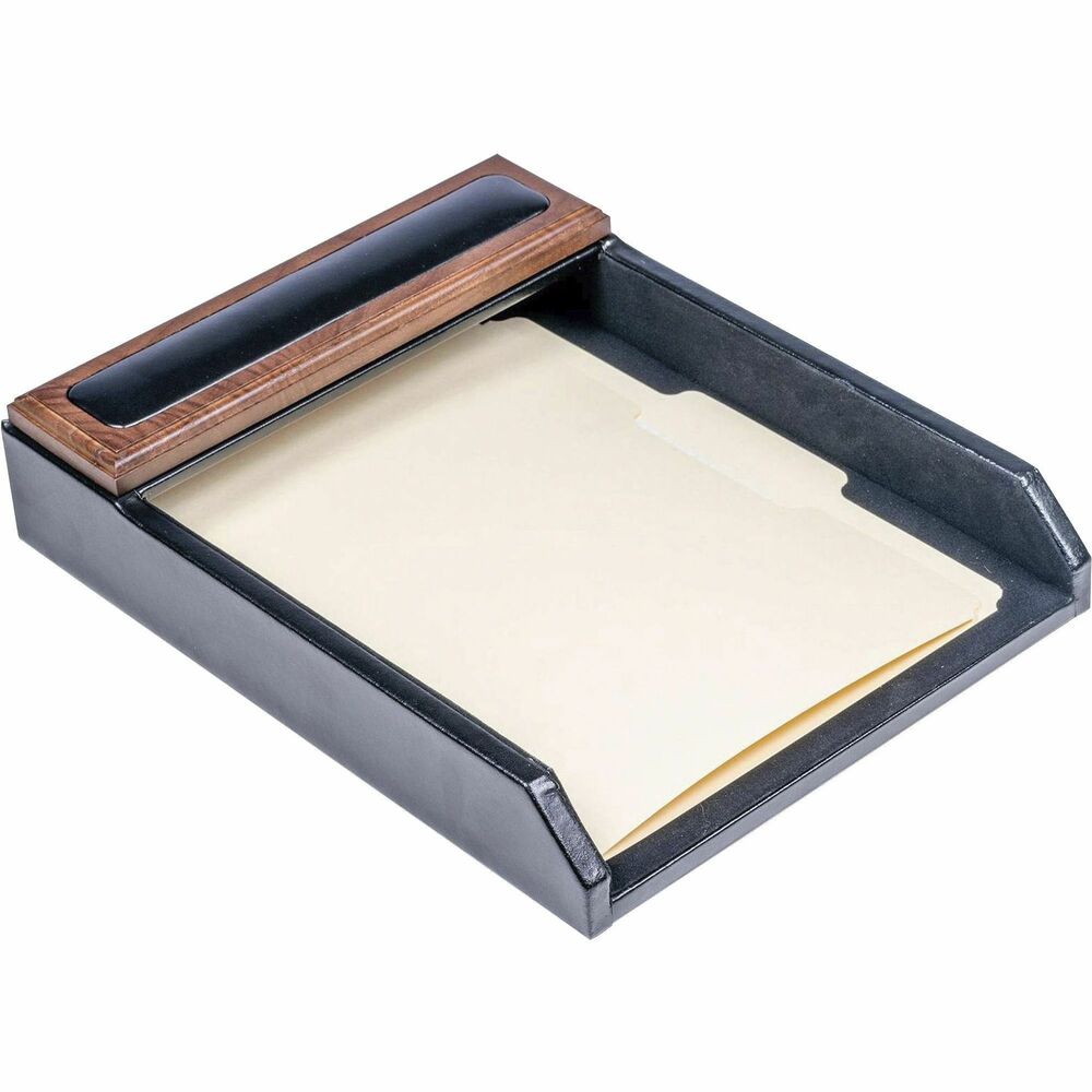 DACA8401 - Letter Tray features a wooden design with a top-grain leather base and inlay to keep your documents beautifully organized. The bottom is lined with soft velveteen to protect surfaces from scuffs and scratches. Open-front design provides easy access to your letter-size documents.