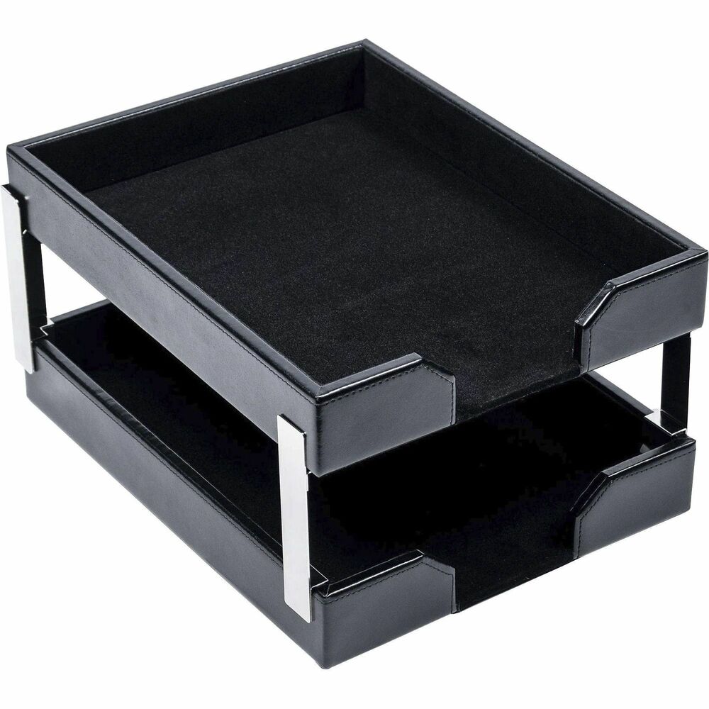 DACA1422 - Double Letter Trays feature a notched-front design to keep letter-size documents safe, sound and organized. Bonded leather with felt lining adds professional style to any work space. Soft velveteen protects surfaces from scuffs and scratches. Stacking posts allow you to stack the trays for space-saving organization.