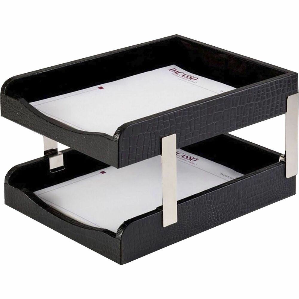 DACA2220 - Double Letter Trays feature a crocodile embossed design to add a smart, sophisticated look to your desk. Closed-front design prevents your letter-size documents from sliding out. The bottom is lined with soft velveteen to protect surfaces from scuffs and scratches. Stacking posts allow you to stack the trays for space-saving organization.