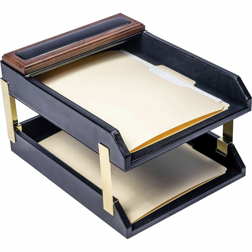 DACA8420 - Double Letter Trays feature a wooden design with a top-grain leather base and inlay to keep your documents beautifully organized. The bottom is lined with soft velveteen to protect surfaces from scuffs and scratches. Open-front design provides easy access to your letter-size documents. Stacking posts allow you to stack the trays for space-saving organization.
