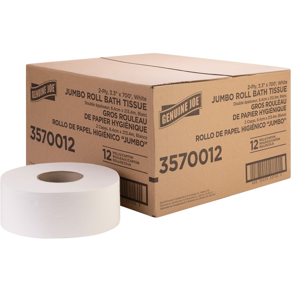 GJO3570012 - This jumbo roll of two-ply bathroom tissue satisfies everyday needs. Made from a high percentage of recycled fiber, it exceeds EPA comprehensive procurement guidelines. This bathroom tissue is cost-effective solution for all areas and is safe for sewer and septic systems. It fits in bathroom tissue dispensers that hold a 12" diameter roll.