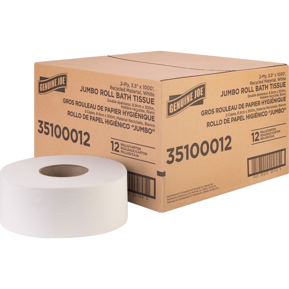 GJO35100012 - This jumbo roll of two-ply bathroom tissue satisfies everyday needs. Made from a high percentage of recycled fiber, it exceeds EPA comprehensive procurement guidelines. This bathroom tissue is cost-effective solution for all areas and is safe for sewer and septic systems. It fits in bathroom tissue dispensers that hold a 12" diameter roll.