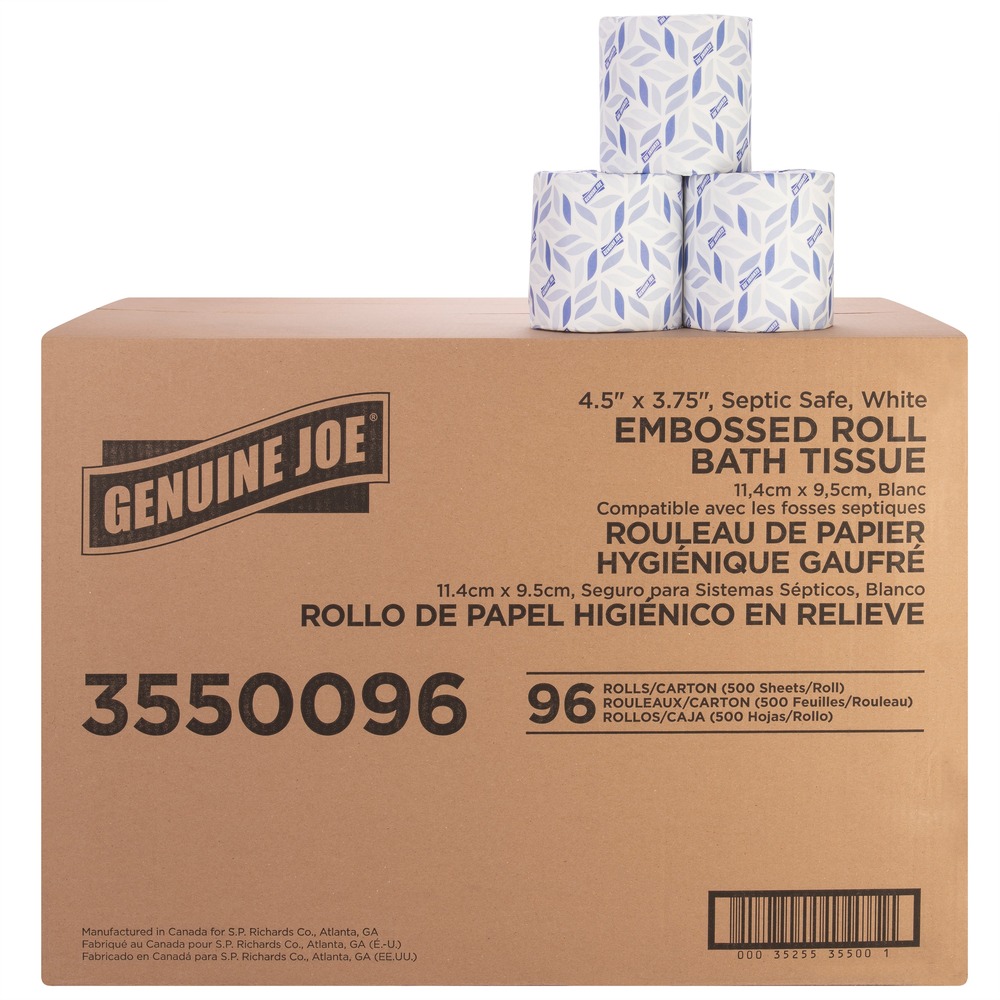 GJO3550096 - Embossed bath tissue offers two-ply sheets that are securely overall-wrapped for maximum sanitation. Perforated tissue offers exceptional whiteness, absorbency and softness and is suited for restroom applications. Each roll fits standard-roll, bathroom-tissue dispensers. Tissue is made from a high percentage of recycled fiber with post-consumer material that easily exceeds EPA guidelines.