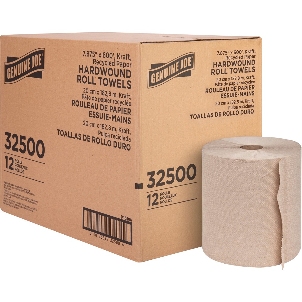 GJO32500 - Hardwound Roll Towels offer a high capacity to provide storage space, maintenance and labor savings vs. folded towels. Heavily embossed design provides a better feel and aid in absorbency. 2" core size is compatible with most universal dispensers. Perfect towel solution for high-traffic restrooms. Towels are made with a high percentage of recycled material.