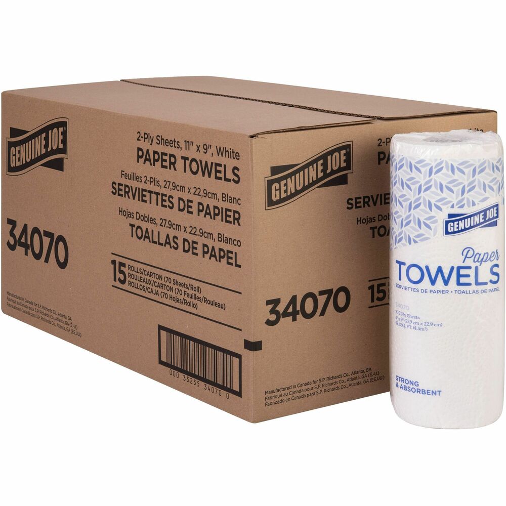 GJO34070 - These soft, absorbent paper towels feature a perforated edge to easily tear off a sheet to tackle spills, dry hands, clean surfaces, cover food or use for a variety of other purposes. Keep these rolls of towels in your kitchen, breakroom or anywhere else you need them. Two-ply construction means fast spill pickup and more liquid capacity. Each roll has 70 sheets.