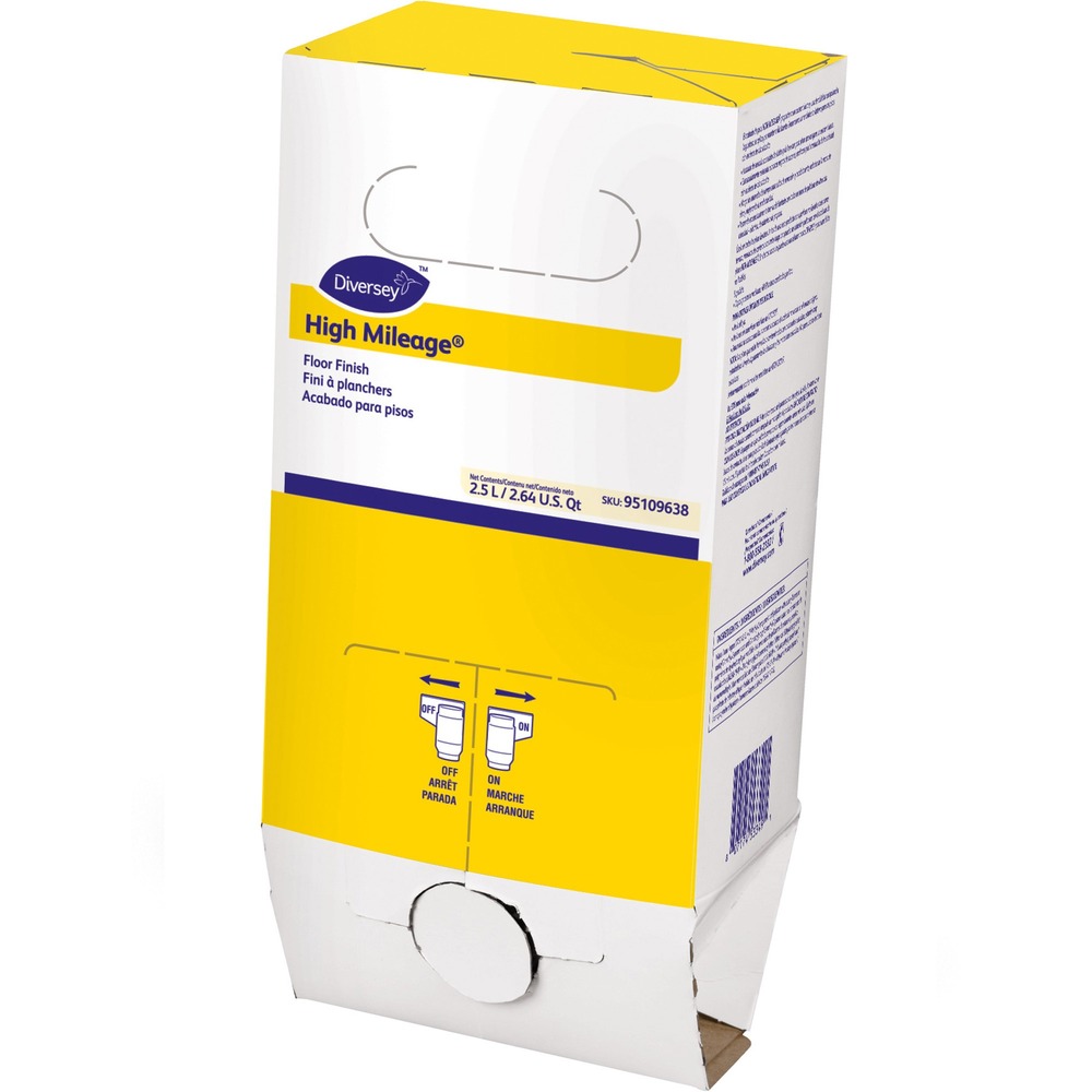 DVO95109638 - High Mileage Floor Finish delivers excellent gloss build and outstanding durability, even in the heaviest traffic, on all resilient floors. The extreme durability in high-traffic areas means it resists dirt, black heel marks and scratches exceptionally well. Extended recoat and stripping cycles yield labor savings and overall improved productivity. Install up to five coats in one night. Specially designed with high solids and low odor, formula builds durability over time. Nonyellowing floor finish maintains excellent clear color.