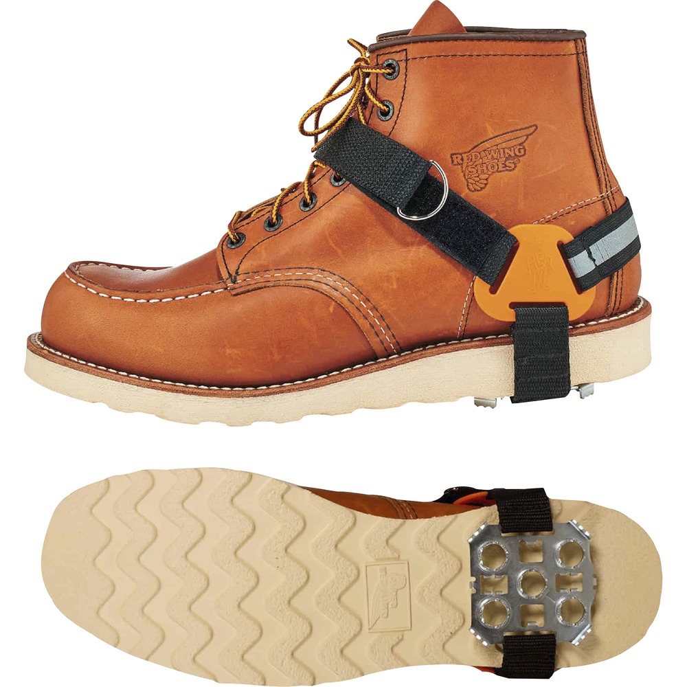 EGO16778 - TREX 6315 Strap-On Heel Ice Cleats are ice grips for boots and shoes with rugged steel plates that turn boot heels into ice picks, leaving the mid-foot free for vehicle operation. Corrosion-resistant steel plate with heel-only traction has a channeled design to increase stability and will not retain ice, snow or debris so you get a tenacious grip on slippery terrain. Durable webbing with hook-and-loop strap provides a secure fit and stability for winter work or recreation. Material is lightweight and is small enough to be stored in a pocket or pack when not being worn. Rear reflective accents help make wearers more visible in dark environments. Large/Xlarge size fits U.S. men's boots in size 11 to 16.