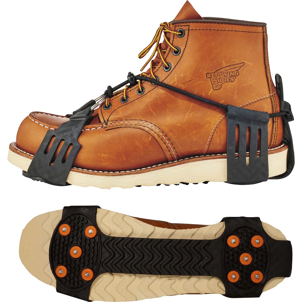 EGO16774 - Trex 6310 Adjustable Slip-On Ice Cleats are lightweight ice grips for boots to prevent slip-and-fall injuries on the ice. With 10 replaceable spike grips, these ice cleats provide tenacious traction and extra stability on ice and snow. Stretchable rubber with textured interior hugs the toe and heel of your shoe or boot. Enjoy full-foot traction from rugged, heat-treated, carbon steel studs that line the length of the foot with a thicker, under-sole tread and a reinforced toe cap for more durable wear and better grip. Large thumb tabs on the heels allow easy on and off. Adjustable cord cinches tight for a secure fit. One-piece, reliable cleats are flexible in temperatures as low as negative 40 degrees Fahrenheit (negative 40 degrees Celsius) and won't break in cold temperatures. They are compact so cleats are easy to store. Large fits U.S. men's boots in sizes 8 through 11.