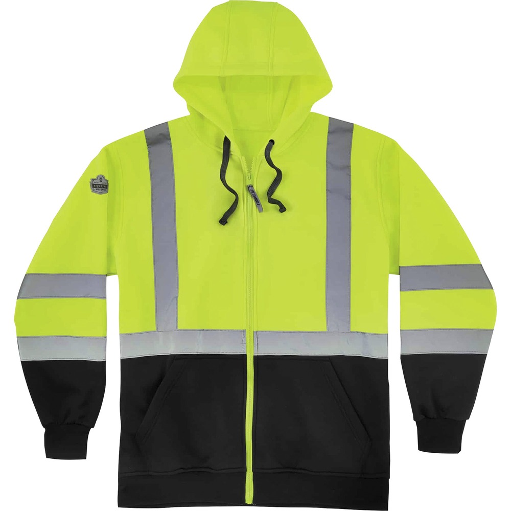 EGO21847 - GloWear 8372 Class 3 Zip-Up Hi-Vis Hooded Sweatshirt with black front meets ANSI/ISEA 107-2015 Type R, Class 3 Standards for safety. It is designed with high-quality, 100 percent polyester lined with polar fleece to provide high visibility and warmth during chilly days. This safety sweatshirt has two slash-style pockets great for additional hand warmth and storage. Bottom front and wrist sections of the sweatshirt are black to prevent a dirty look where it matters most. Contrasting, high-visibility, yellow/lime color provides ultimate visibility. The 2" ANSI-compliant, silver reflective tape on the torso, shoulders and sleeves make it a great reflective hoodie to wear as night falls for effective visibility. Zipper front closure, drawstring hood and elastic knit waistband and cuffs keep the heat in for all-day warmth throughout the workday. Safety sweatshirt is perfect for jobsites in high-traffic areas like road construction or anywhere that requires high-visibility clothing.