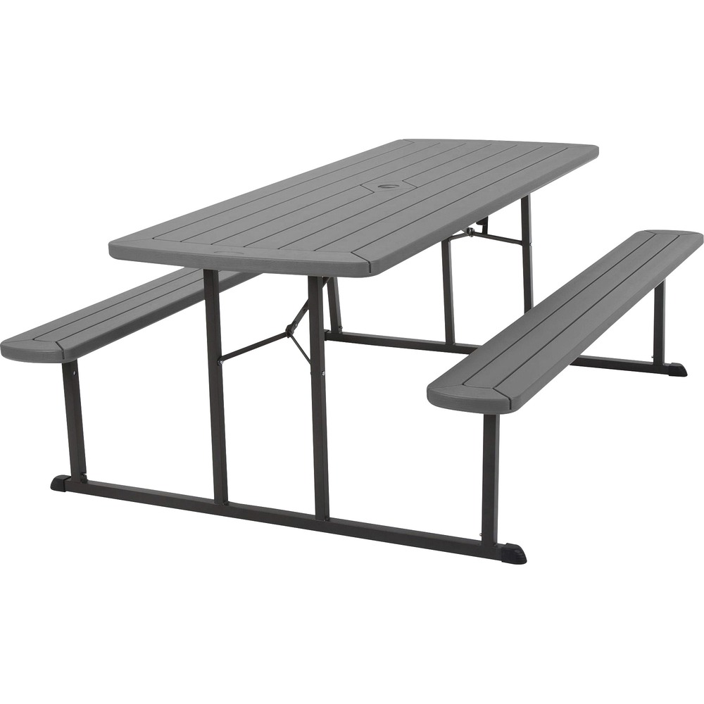 CSC87902DGR1E - Folding Picnic Table is a great addition to any backyard. It comfortably sits eight people. Each bench holds up to 800 lb. Product is easy to clean, durable and maintenance-free. Constructed with a stable steel frame, the table is designed with dark gray, woodgrain resin tabletop and benches. The 6' picnic table easily folds to store during the winter months. While folded, it can also be transported. Table also includes an umbrella opening (umbrella not included).