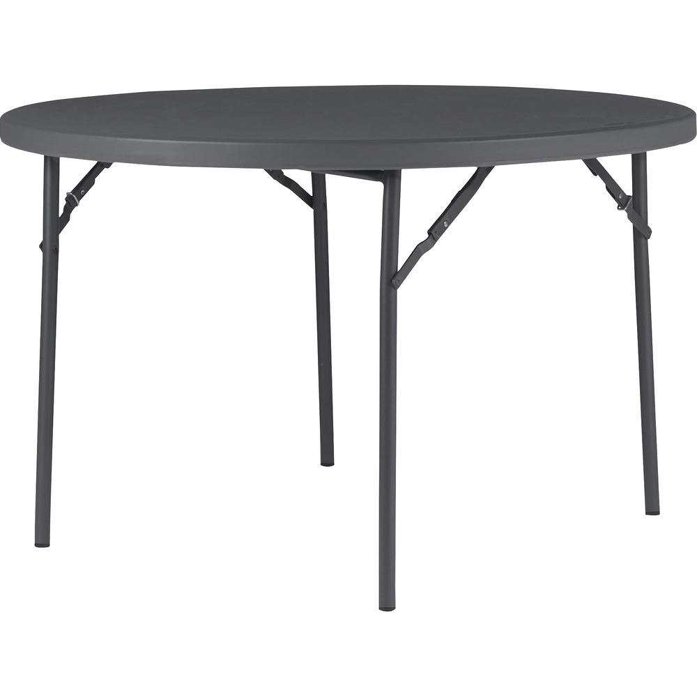 CSC60533SGY1E - ZOWN Classic Commercial Round Blow Mold Folding Table is the perfect table for events ranging from weddings, conferences and dinner gatherings. Its durable construction is molded from HDPE, a premium resin material capable of withstanding all weather elements for reliable indoor and outdoor use. Ergonomic design provides a pleasant, comfortable experience for those seated at the event. Capable of seating six people, this table can hold a maximum weight of 750 lb. for reliable stability when presenting food, beverages and more. Very smooth, manual locking mechanism incorporates automatic sliding rings to prevent undesired folding. Foot pads protect floors from damage. Foldable design allows the legs to fold into the frame for easy storage and transportation.