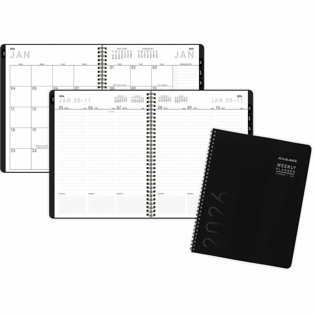 AAG7095XL05 - Simplify the way you organize your year with this sleek and professional, Contemporary Lite Weekly/Monthly Planner. It includes weekly and monthly planning pages with a modern design for easy planning all year long. Perfect for long-term planning and staying on track, dated planning pages range 12 months from January to December. High-quality paper features superior ink bleed-resistance. Two-page-per-week spreads offer appointment times from 8 AM to 5:30 PM in 30-minute increments on weekdays while weekends are untimed for relaxed planning. Two-page-per-month spreads include unruled daily blocks, a column to list priorities and tabs for easy navigation. Planner has twin-wire binding and a black cover with gold accents.