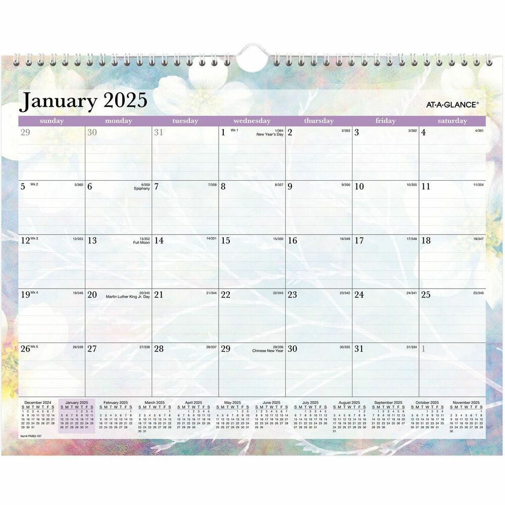AAGPM83707 - Keep track of key dates from birthdays to work deadlines with the Dreams Monthly Wall Calendar. Dreams design adds a soft, floral look to each page in a myriad of colors that change with each quarter. Dated planning pages range 12 months from January to December. High-quality paper features superior ink bleed-resistance. One-page-per-month format includes ruled daily blocks (2" x 1-5/8") for neat scheduling of plans, events and reminders as well as Sunday-through-Saturday scheduling, count of days/days remaining, numbered weeks and holidays. Full-year calendar reference runs across the bottom of each monthly page for easy date checking. Twin-wire binding at the top has a built-in hanging loop for easy wall display.