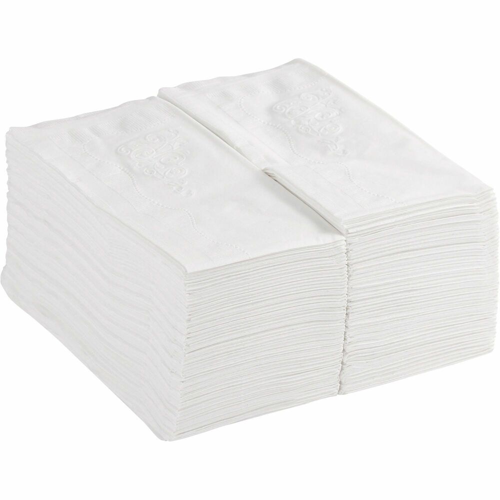 GPC34440 - Two-ply dinner napkins deliver a touch of distinction making them ideal for better restaurants, resorts, lodging, and healthcare facilities. Design includes a 1/8-fold format, scrollwork pattern and classic coin edge emboss for premium appearance. Each disposable napkin wraps around eating utensils with more silverware on the napkin and less on the table. Folded size is 3-3/4" x 8".