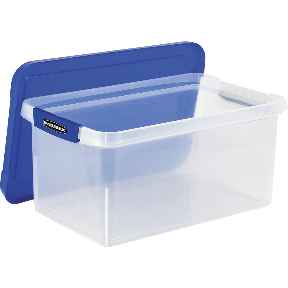 FEL0086101 - Bankers Box Heavy-duty File Box provides organized and secure, waterproof storage of letter-size documents. Durable plastic (polypropylene) construction features reinforced corners for added strength so the file box can stack up to five high. Modular design of the TAA-compliant file box means easy stackability. Comfortable handles allow easy lifting. Locking lid ensures secure transport. Built-in hanging rail keeps files organized and accessible.