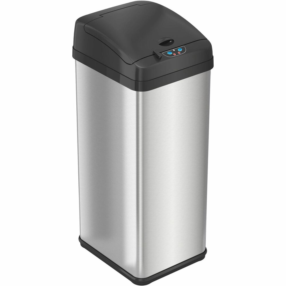 HLCHLS13MX - 13-Gallon Sensor Trash Can features a sensor on top of the bin for completely touch-free operation. Extra-large opening easily accommodates large and bulky items. Brushed, stainless steel finish is smudge-resistant and easy to clean. Air vents provide effortless trash bag removal. Retainer ring keeps trash bags in place and out of sight. Built-in carry handles allow you to easily carry this can from room to room. Trash can is perfect for high-traffic venues that require quick, easy disposal. Trash can is powered by four D batteries (not included), or the optional AC adapter (not included).