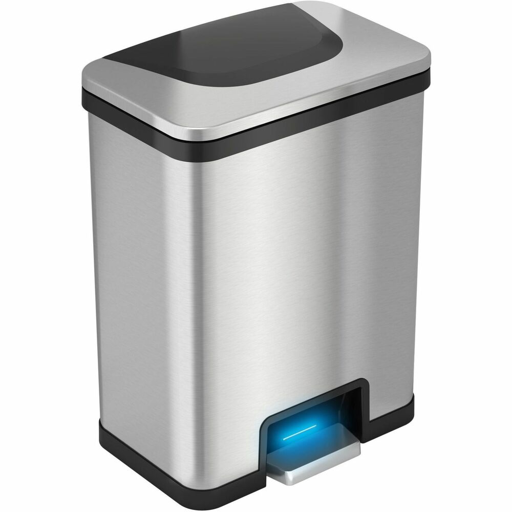 HLCHLS13SB - 13-Gallon Pedal-Sensor Trash Can features tap sensor technology to open the lid with just one tap. Or, double tap the pedal for a timed, 5-minute lid opening. You can also tap and rest your foot on the pedal to activate the traditional step-can function. Fingerprint-proof, stainless steel finish complements any rooms. Replaceable, activated carbon deodorizer neutralizes odors to keep the surrounding area smelling fresh. Retainer ring keeps trash bags in place and out of sight. Built-in carry handles allow you to easily carry this can from room to room. Energy-saving design extends the life of the battery up to 2 years with just four D batteries (not included). It can also be powered continuously with the optional AC adapter (not included).