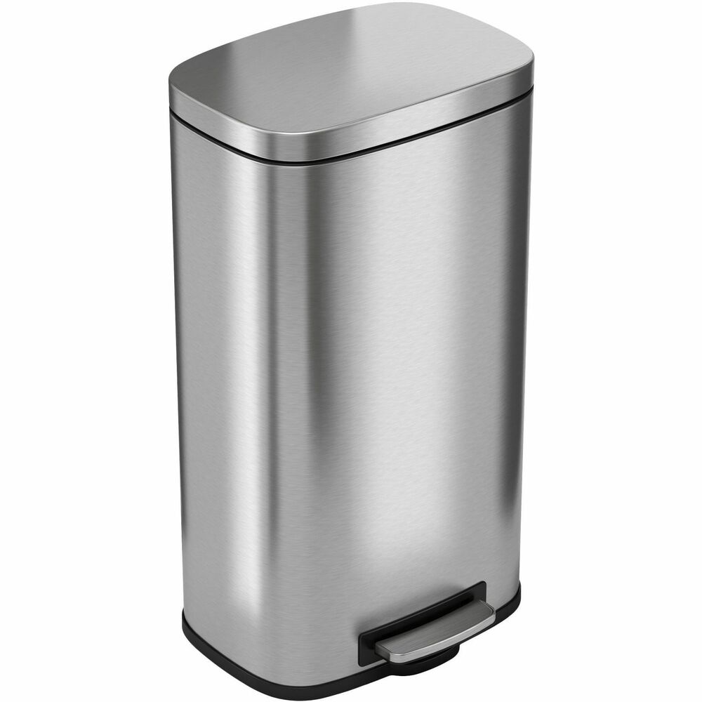 HLCHLSS08R - 8-Gallon Soft Step Trash Can offers incredibly smooth pedal operation for easy access to the bin. Gentle lid closes silently for a more pleasant experience. Tuck-and-hold retention system holds liners securely in place. Stainless steel body coating is fingerprint-resistant and smudge-resistant to minimize cleanings. Stay-open mode keeps the lid locked open for quick disposal in busy locations. Removable inner bucket allows easy trash disposal and bag replacement as needed. Vertical joint seam is more in the center of the large panel for enhanced structural support. Easy-to-replace air damper means this trash can will provide like-new performance through decades of use. Nonskid rubber feet ensure the can stays securely in place as you push the pedal. Fire-resistant trash can also includes built-in carry handles to let you easily carry this can from room to room.