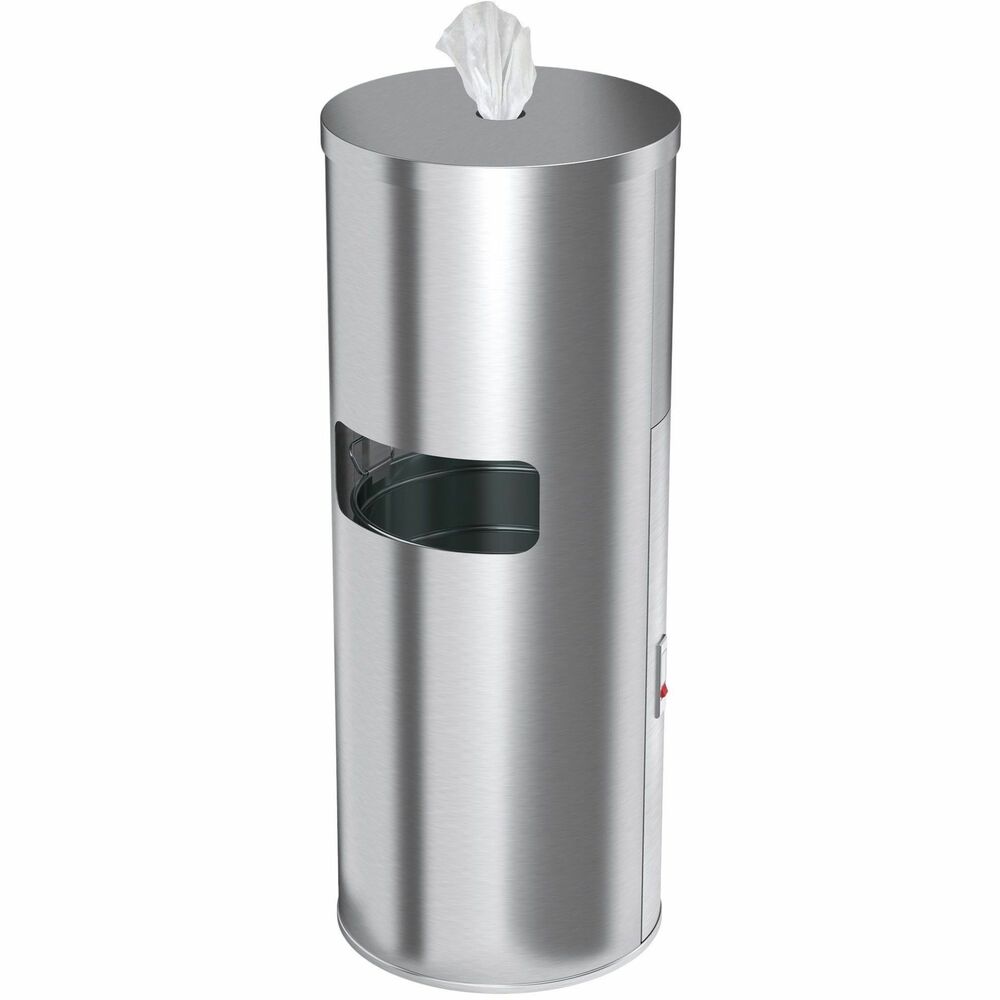 HLCHLSC09WSR - 9-Gallon Trash Can features a combination design to offer quick, effective hand sanitizing and waste disposal in entryways, lobbies, stores, gyms and more. Elegant, durable stainless steel complements any decor. Compact size allows it to fit easily into tight areas. Removable inner bin with a locking door allows easy disposal of contents. Wipe compartment lid is secured with a chain to prevent accidental loss. Wipe compartment fits all size disinfectant wipes and gym wipe refill rolls (not included).