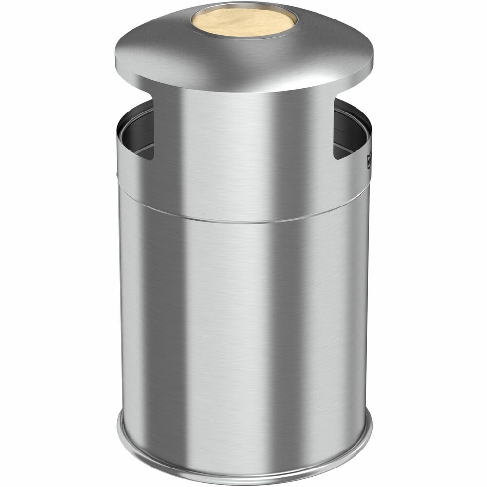 HLCHLS50DSO - 50-Gallon Outdoor Dual Side-Entry Trash Can features large side openings for quick, effective waste disposal in patios, lobbies, dining areas, stores and more. Elegant, durable stainless steel complements any decor. Compact size allows it to fit easily into tight areas. Included ashtray hole cover is included to prevent users from accessing the tray. Smudge-resistant exterior helps prevent showing marks to minimize cleanings. Water-resistant, rust-resistant design is perfect for outdoor use.