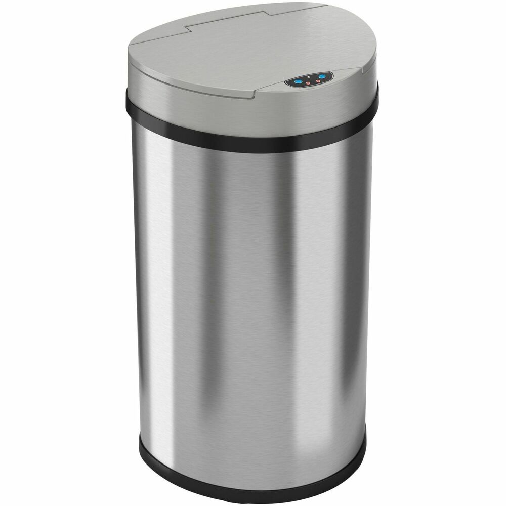 HLCHLS13HX - 13-Gallon Semi-Round Sensor Trash Can features an automatic lid to eliminate the exposure to the illness-causing bacteria that can live on trash can surfaces. Extra-large opening easily accommodates large and bulky items. Air vent holes allow effortless trash bag removal to prevent rips and tears. Brushed, stainless steel finish is smudge-resistant and easy to clean. Built-in carry handles allow you to easily carry this can from room to room. It's perfect for high-traffic venues that require quick, easy disposal.