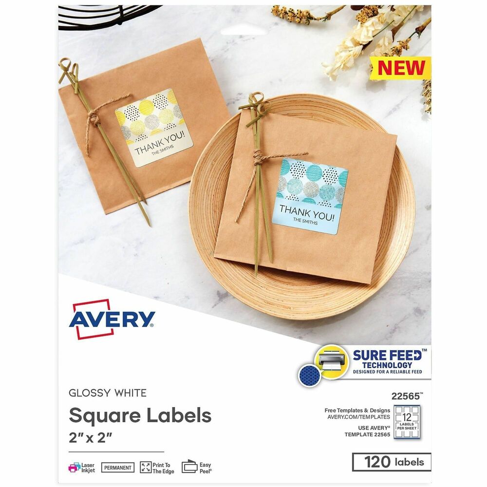 AVE22565 - Ensure your products, gifts and decor stand out with Glossy White Square Labels. Use these printable labels to add some shine and vibrancy to your projects that allow colors to pop. Save time with Easy Peel label sheets with Pop-up Edge that allow fast, effortless peeling. Labels hold firm to most smooth surfaces like paper, cardboard, metal and glass with permanent adhesive that prevents lifting, curling or falling off. Print-to-the-Edge feature allows you to create stunning, full-bleed labels with no margins. Label sheets are compatible with both inkjet and laser printers while Avery's proprietary Sure Feed technology delivers a more reliable feed through your printer to help avoid misalignment and paper jams. Write directly on labels or personalize them with your own graphics, photos and text. You can use free, online templates and fonts to easily customize QR labels, candle labels, ingredient labels, stickers and more. Each sheet includes 12 labels (2" x 2").