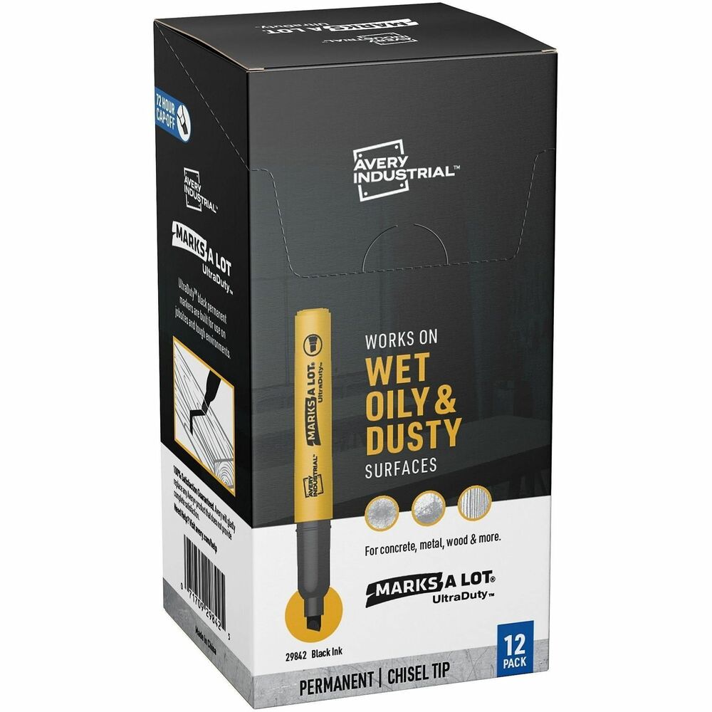 AVE29842 - Work through the toughest conditions with these Marks A Lot UltraDuty Permanent Markers. Designed for moments when traditional permanent markers aren't strong enough, industrial-grade markers are ideal for workshops, warehouses and construction sites. They work on metal pipes. Industrial markers are also excellent for writing on plastic bins, wood pallets and concrete walls. Sturdy tip also writes clearly on wet, dusty, oily and abrasive surfaces without clogging. Flat and angled, 0.5mm chisel tip also allows varying line widths so that you can go from thin to bold on the spot. Great as outdoor permanent marking, the specially engineered, black marker ink is also resistant to water, abrasion and smearing while still remaining bold and visible. Industrial ink won't dry out when the cap is left off for up to 72 hours. Useful, built-in clip keeps the marker from rolling off surfaces and offers a way to loop into lanyards for extra security. More from the Manufacturer