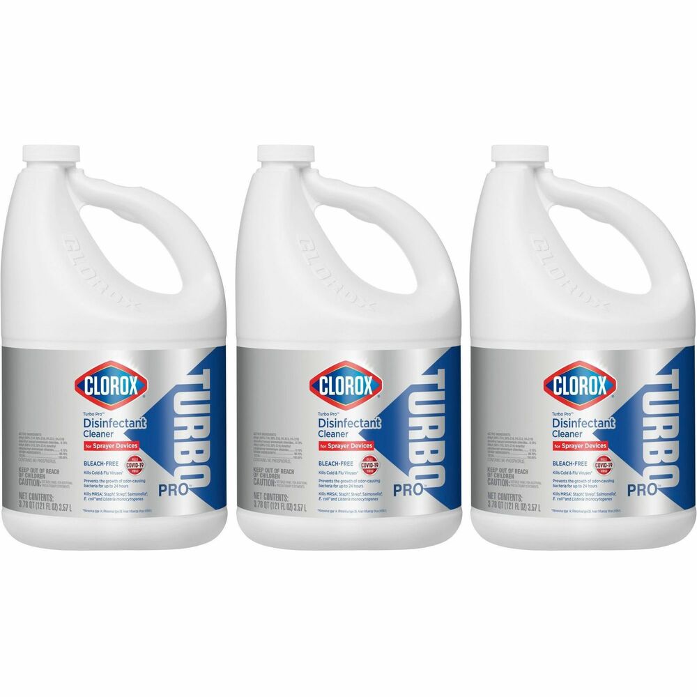 CLO60091CT - Bleach-free formula disinfects high-touch surfaces quickly and easily. It is ideal for a wide array of facilities, such as kitchens, restrooms, salons, clinics, schools and offices. When used with a sprayer device, all you have to do is spray - no wiping required. This EPA-approved disinfectant kills 99.9 percent of germs (Pseudomonas, Salmonella, Staph), including COVID-19 on hard, nonporous surfaces. It also kills 99.9 percent of bacteria (Klebsiella pneumonia - Kleb) in 5 seconds and prevents the growth of odor-causing bacteria for up to 24 hours. Clorox Turbo Pro Disinfectant Cleaner is safe for daily use on high-touch surfaces in your facility. Use on hard, nonporous surfaces like acrylic, chrome, glass, laminate, plastic, stainless steel and vinyl and soft surfaces such linens, upholstery and mats.