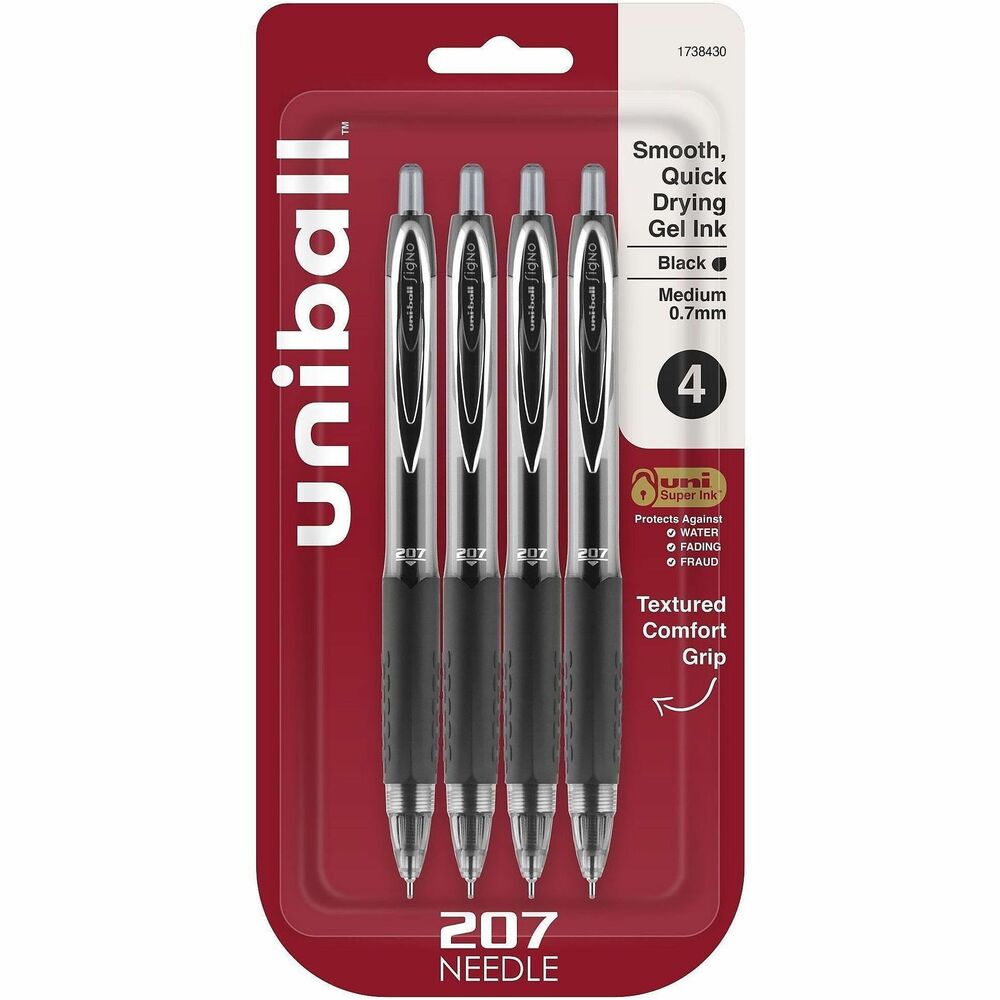 UBC1738430 - Stock your office, home or classroom with 207 Needle Retractable Gel Pens. Medium (0.7mm), needle point pens are designed with a bend-resistant tip for better accuracy. Even-flowing, pigment-based gel ink delivers a smooth writing experience for intense, vibrant lines, ensuring every mark is communicated. Medium needle point forms ultra-precise, straight-edge lines with ease. Pens create bold, precise letters, numbers and graphics. Use retractable pens for everyday writing tasks and important signatures, trusting Super Ink technology to dry quickly. Innovative, uni Super Ink technology effectively entraps liquid ink into the paper, producing fraud-resistant, fade-resistant and water-resistant documents that prevent check washing and bleaching. Exclusive, uni-Flow Ink System ensures a consistent, fluid writing experience. Translucent window lets you see when your ink is low to avoid running out. Textured grip offers comfort and control.