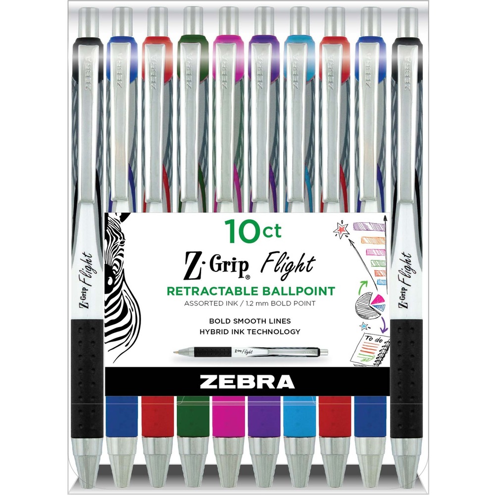 ZEB21901 - Z-Grip Flight Retractable Pens deliver low-viscosity ink that combines the functionality of a ballpoint pen with the smoothness of a gel for an effortless write. Metal clip and nose cone offer durability. Soft rubber grip allows writing comfort. Nonrefillable pen also features a 1.2mm bold point.