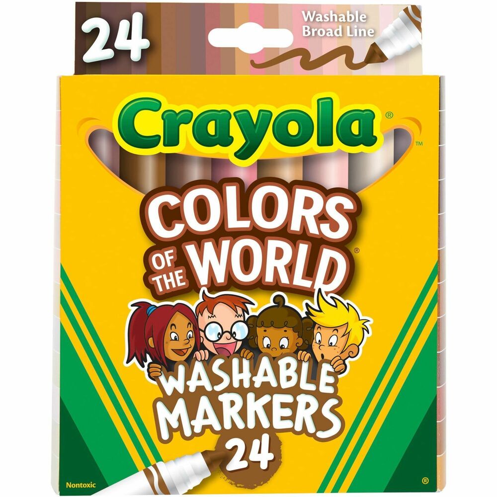 CYO587802 - Multicultural Markers offer 24 colors specially formulated colors representing people of the world. Marks are washable from skin and most washable clothing. Marker meets the need for recognition of diverse populations, touching all curricular threads. Formula washes easily from skin, clothing and common household surfaces - even painted walls. With its conical tip, the Broad Line Marker is a versatile drawing tool. Perfect for coloring in large areas, these markers are also great for drawing thin lines or dots. Children can even create a ribbon effect with lines that taper from thick to thin. Broad-line markers lay down plenty of color and won't smudge or bleed through paper. Ink is certified AP nontoxic.