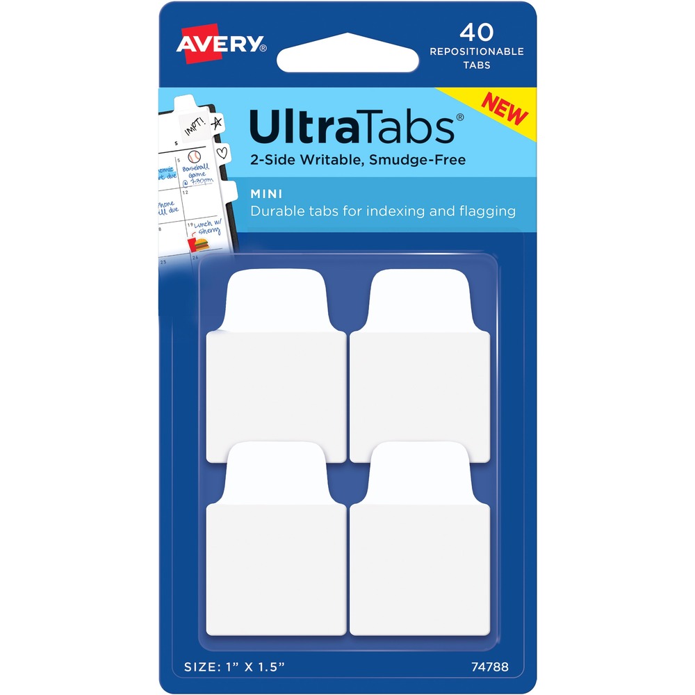 AVE74788 - Make organizing, indexing and referencing easy with Mini Ultra Tabs. These smaller, durable tabs let you fit more along your documents, books and planners. Clean white surface offers a professional backdrop to your text, making them ideal for office reports, schoolwork and more. Sturdy tabs can be written on either side. Transparent adhesive body will not block any text or graphics underneath it. Enjoy smudge-free writing on these page tabs when using most pens, pencils, markers and highlighters. Repositionable adhesive ensures tabs stick securely to most smooth surfaces, but can be removed easily for multiple uses. Use at home as bible tabs, recipe index tabs and page flags in books or magazines. Mini tabs are also great for students when highlighting textbooks and notes without marking the pages. Stay organized at work easily by using tabs to mark and index items in a report or presentation for referencing, follow-up or signatures.