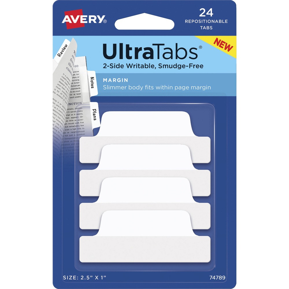 AVE74789 - Make organizing, indexing and referencing easy with these Margin Ultra Tabs. Narrow body fits within the margins of books, notebooks and printed documents without interfering with text. Clean white surface offers a professional backdrop to your text, making them ideal for office reports, schoolwork and more. Sturdy tabs can be written on either side. Transparent adhesive body will not block any text or graphics underneath it. Enjoy smudge-free writing on these page tabs when using most pens, pencils, markers and highlighters. Repositionable adhesive ensures tabs stick securely to most smooth surfaces, but can be removed easily for multiple uses. Use at home as bible tabs, recipe index tabs and page flags in books or magazines. Margin Tabs are also great for students when highlighting textbooks and notes without marking the pages. Stay organized at work easily by using tabs to mark and index items in a report or presentation for referencing, follow-up or signatures.