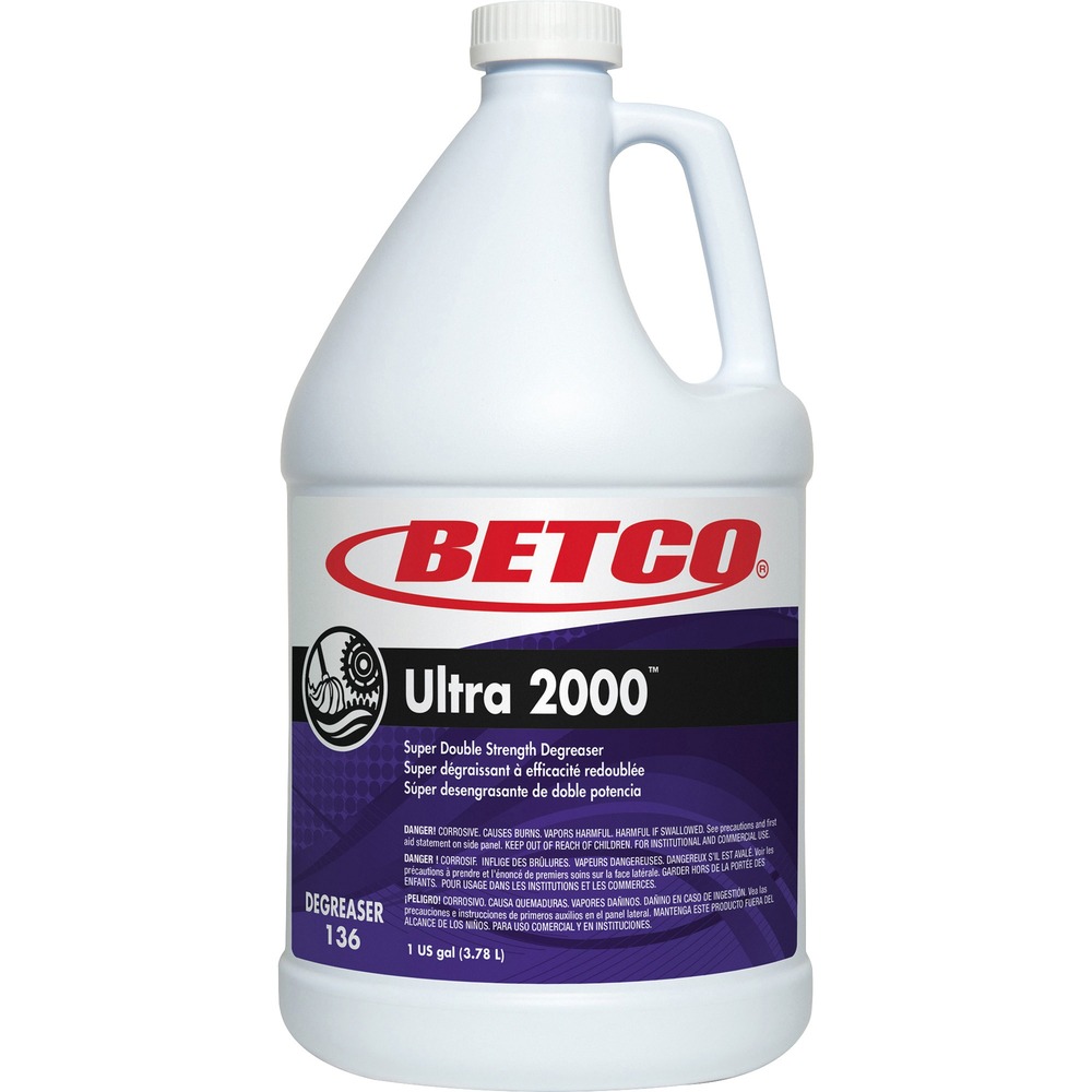 BET1360400 - Ultra 2000 Super Double-Strength Degreaser instantly penetrates and emulsifies grease, oil and a variety of soils. It is formulated with 12 different ingredients for extremely tough jobs. Perfect for cleaning machinery, engines, factory floors, tools, trucks and metal parts, this concentrated product contains no petroleum distillates and is nonflammable. Degreaser has a cherry almond fragrance and offers excellent rinsability. It generates low sudsing for automatic scrubbers, pressure washers and dip tanks. Dilute from 1:10 to 1:100.