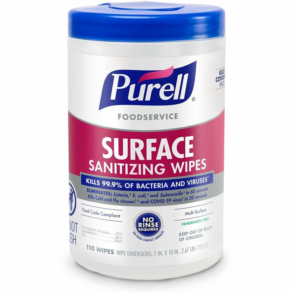 PURELL® Foodservice Surface Sanitizing Wipes - Ready-To-Use - 10" Length x 7" Width - Rinse-free, Fragrance-free, Durable - 110/Tub - 1 Each